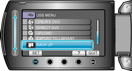 Selecting "BACK UP"