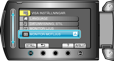 Selecting "MONITOR BACKLIGHT"