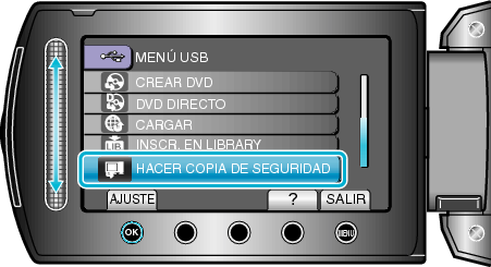 Selecting "BACK UP"
